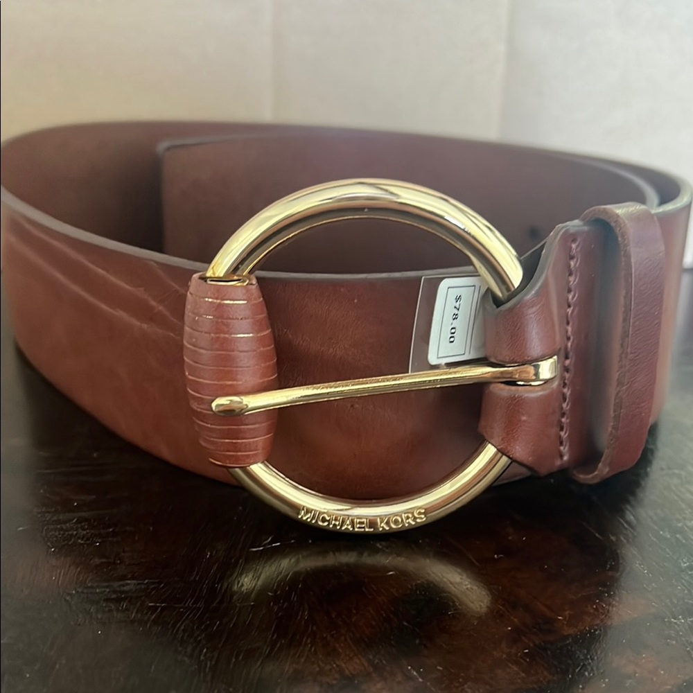 Michael Kors Brown Leather Belt with Gold Buckle
